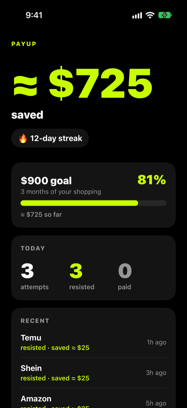 Home: about $725 saved, 12-day streak, 81% of a $900 goal